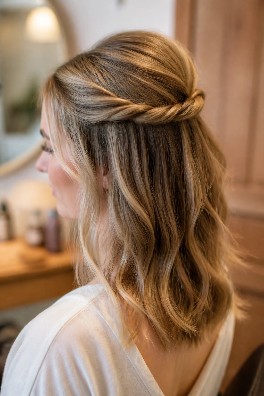 Portrait of a real woman with half-up crown twist