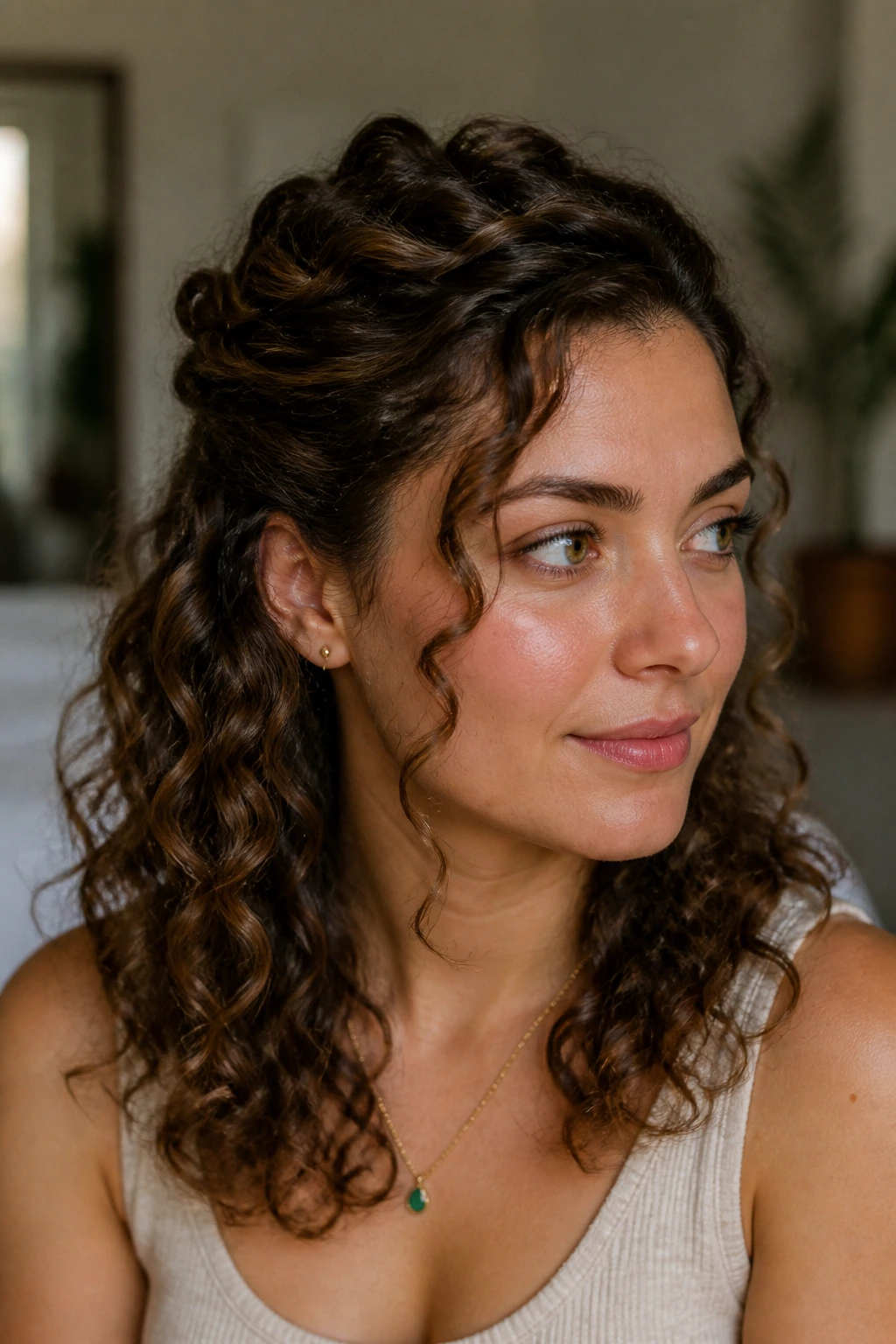 Close-up portrait of a real woman with a half-up crown twist in curly hair