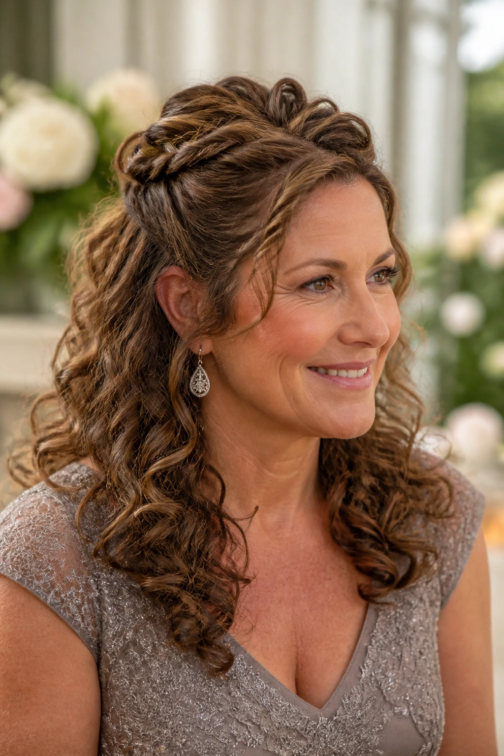 Medium close-up of a real woman with a half-up crown twist hairstyle
