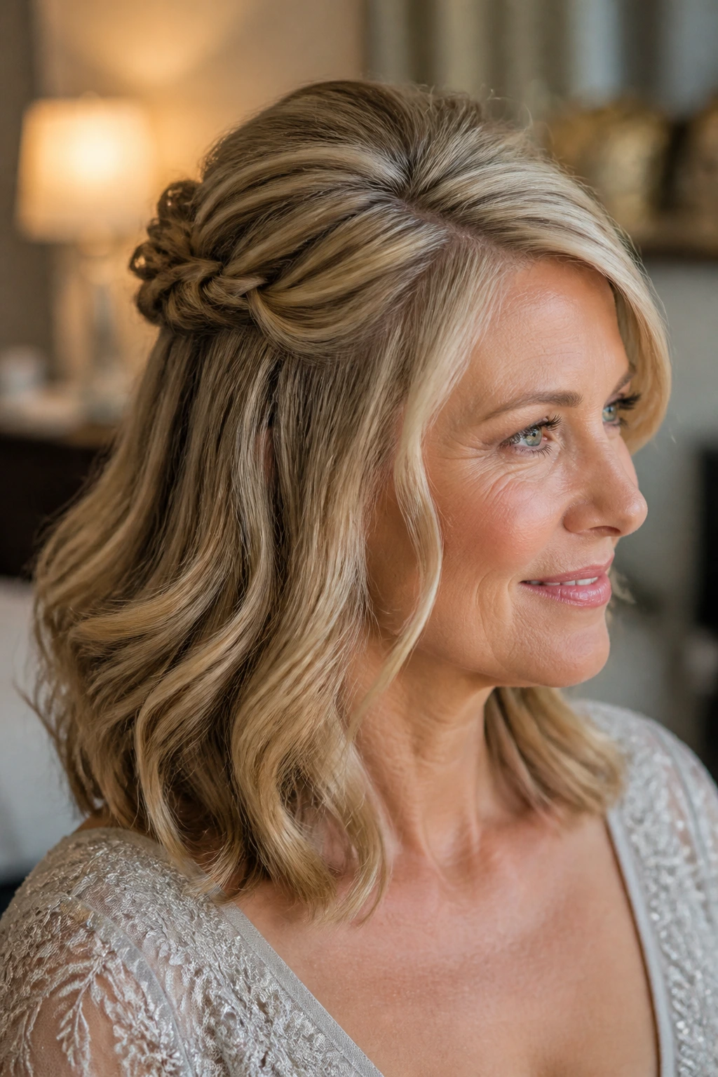 Close-up of a real woman with a half-up crown twist