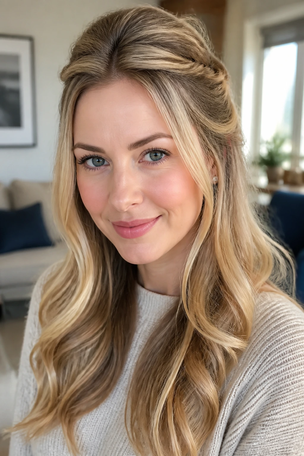 Real woman wearing half-up crown twist with loose ends