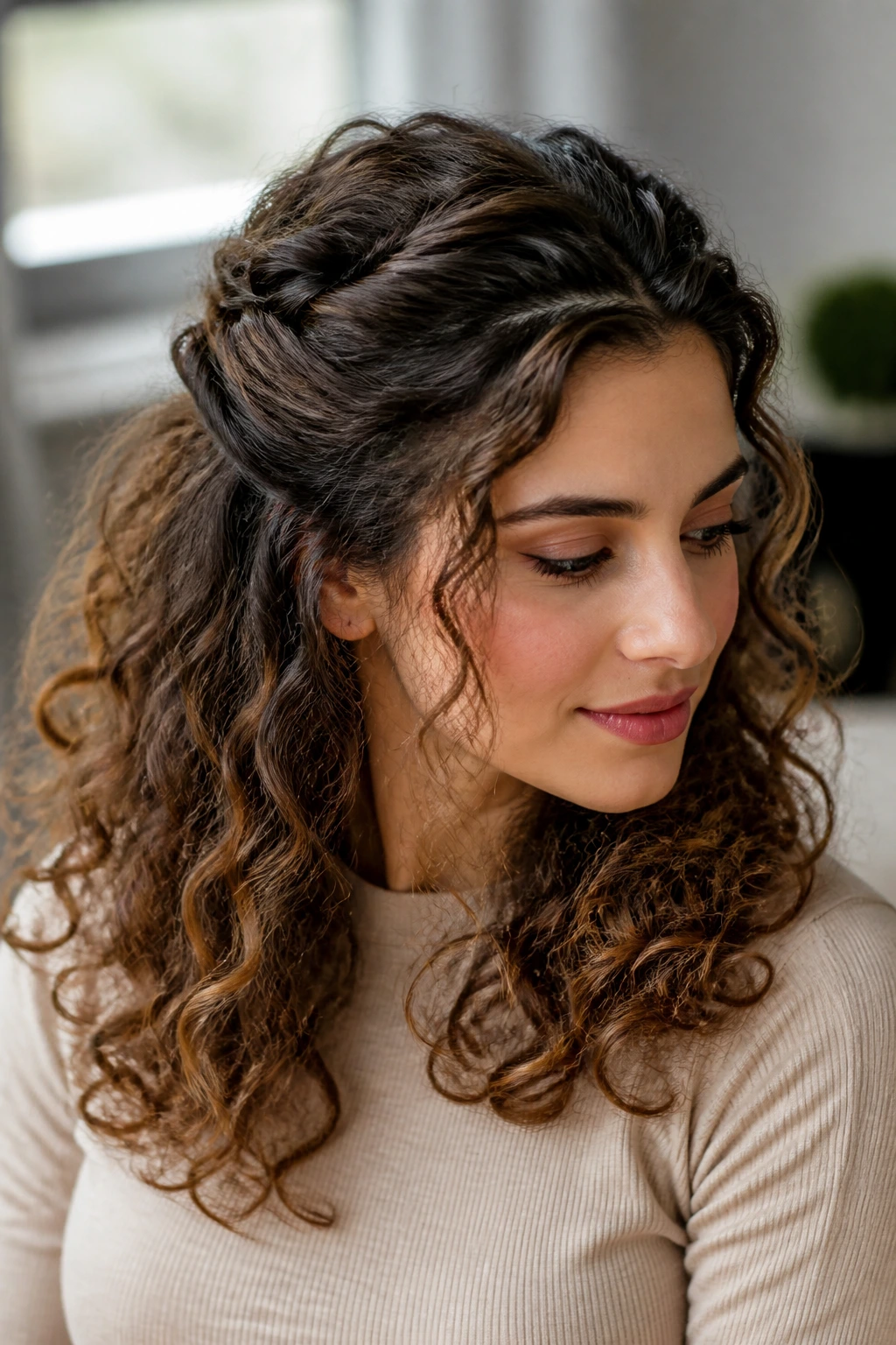 Close-up of a real woman with half-up crown twist.
