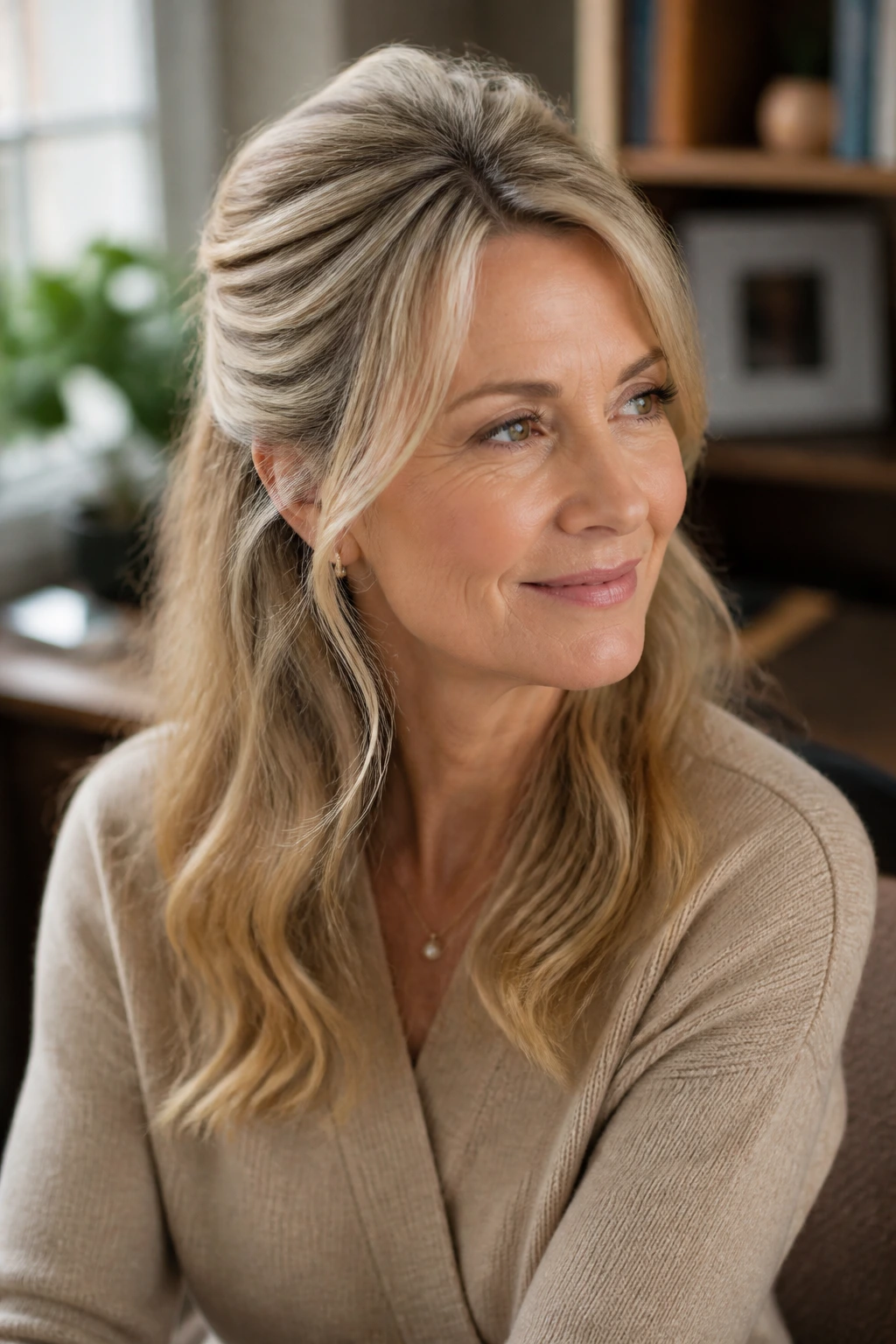 Three-quarter view of a woman over 40 with a half-up style and crown volume.