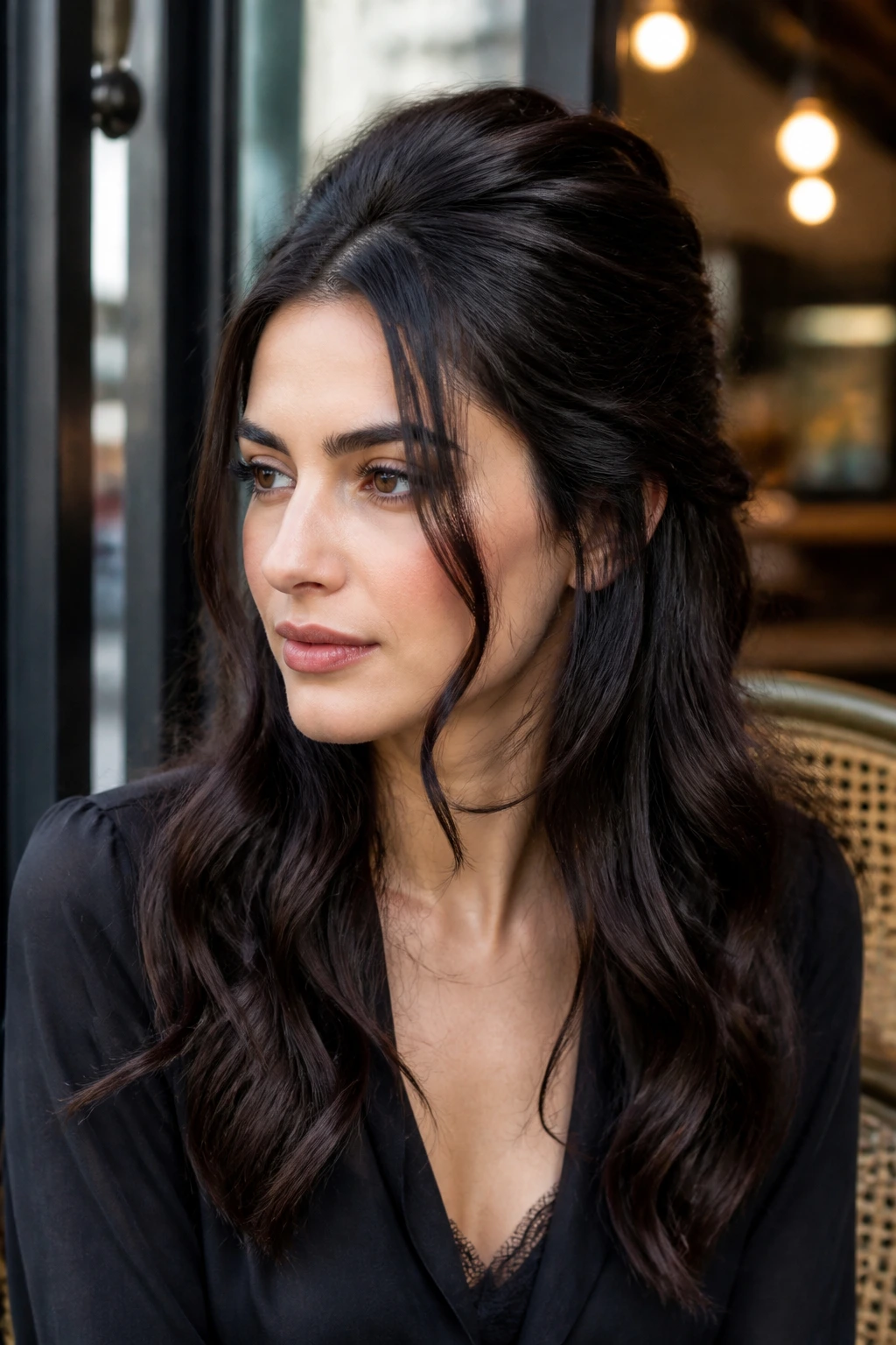 Portrait of a real woman with half-up crown volume waves and softened jaw