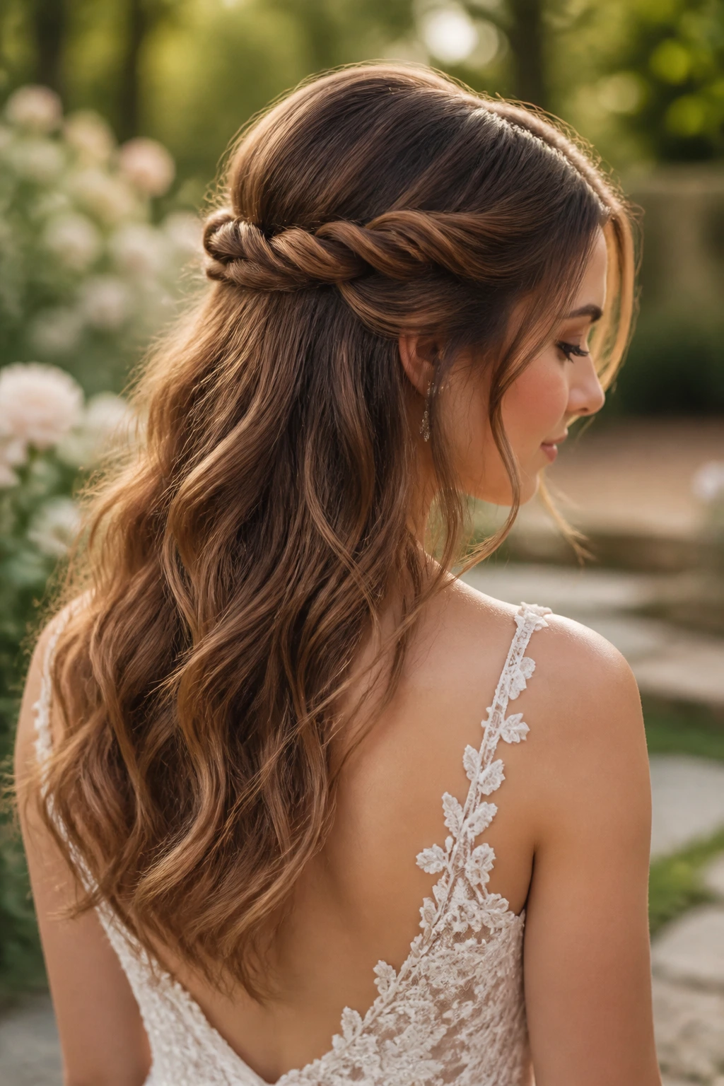 Bride with half-up twist crown and loose waves