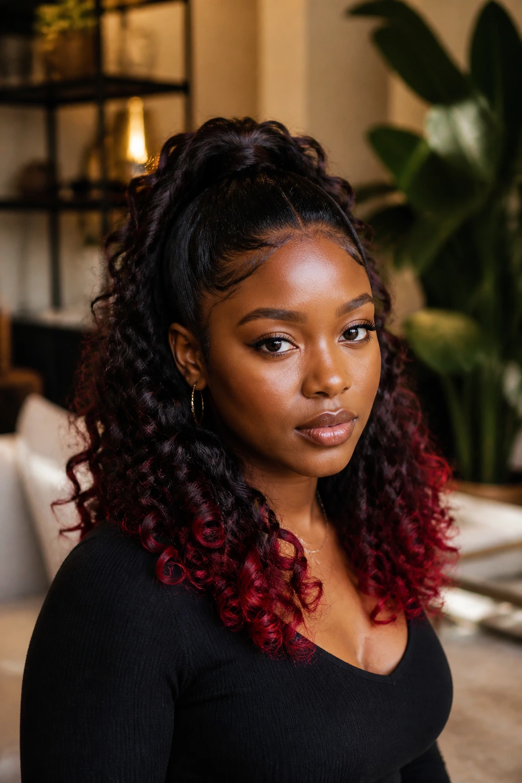 Half-up half-down curls with cherry red tips on dark skin.