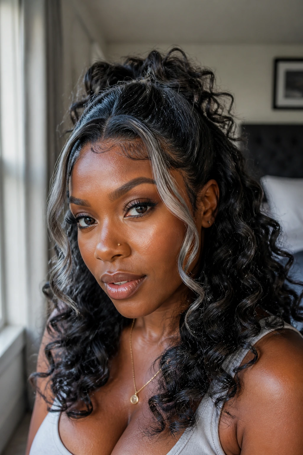 Close-up portrait of a real person with Half-Up Half-Down Curls with Chrome Money Pieces on deep skin, natural window light.