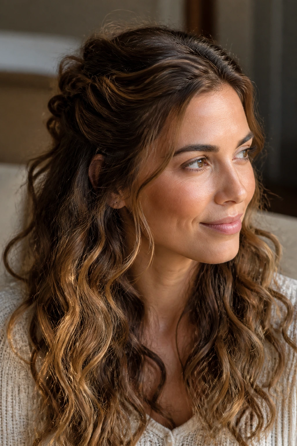 Close-up of a person with intentional-looking half-up curls on wavy hair