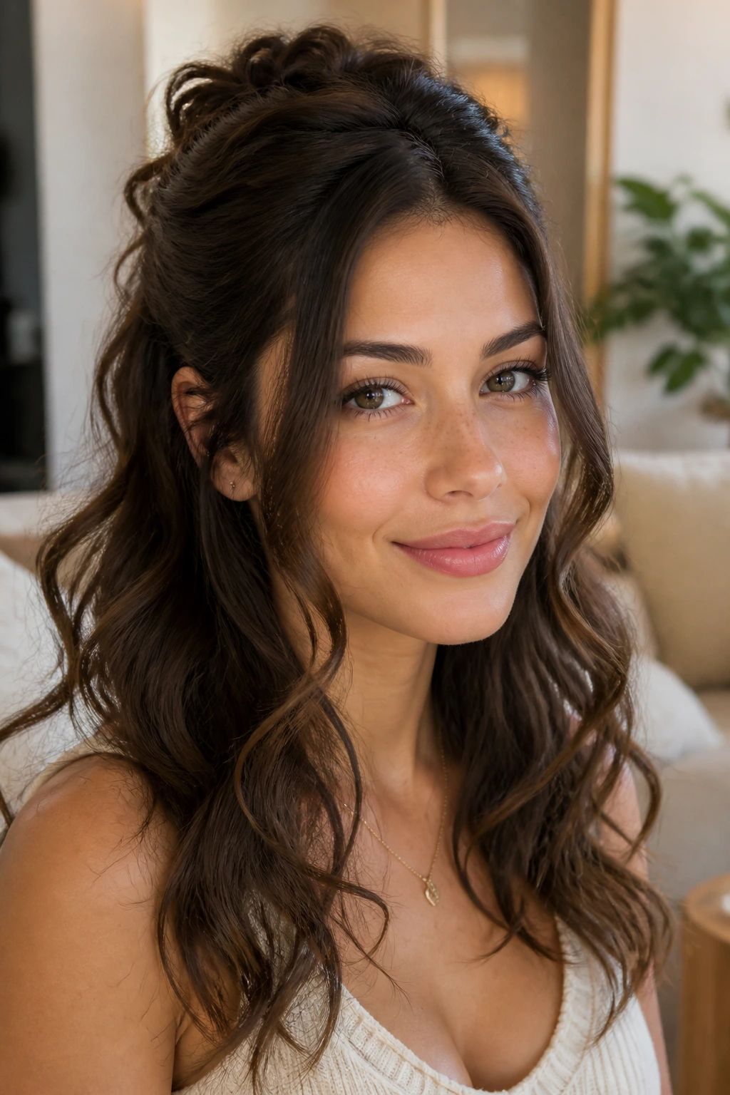Close-up of a real woman with a layered half-up curl hairstyle