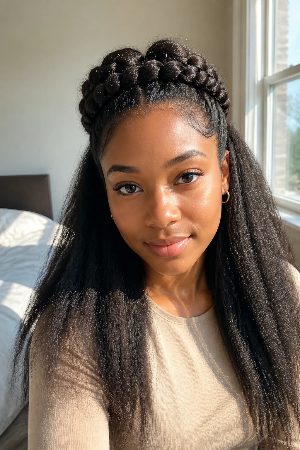Close-up of a real woman with a half-up Dutch braid on stretched hair in natural light