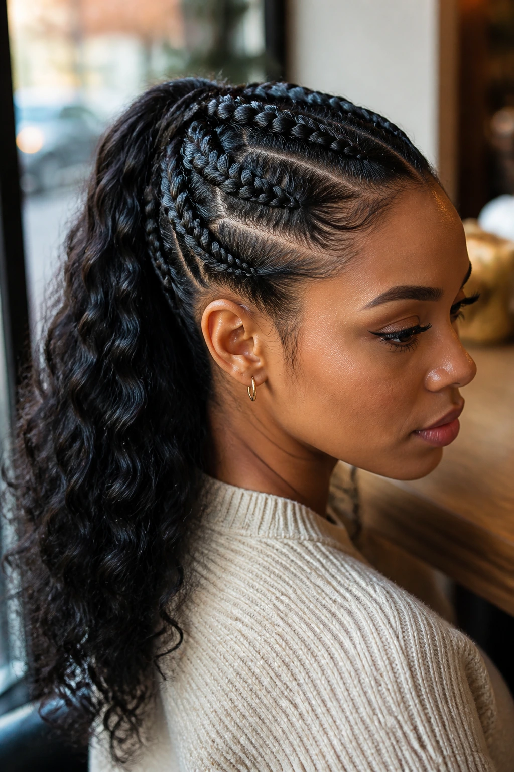 Half-Up Dutch braids into a back ponytail on a real person