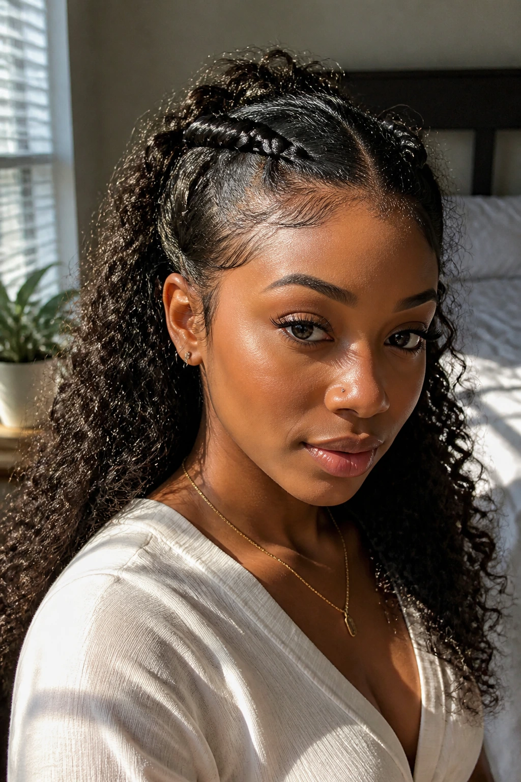 Real woman wearing half-up Dutch braids with free back curls