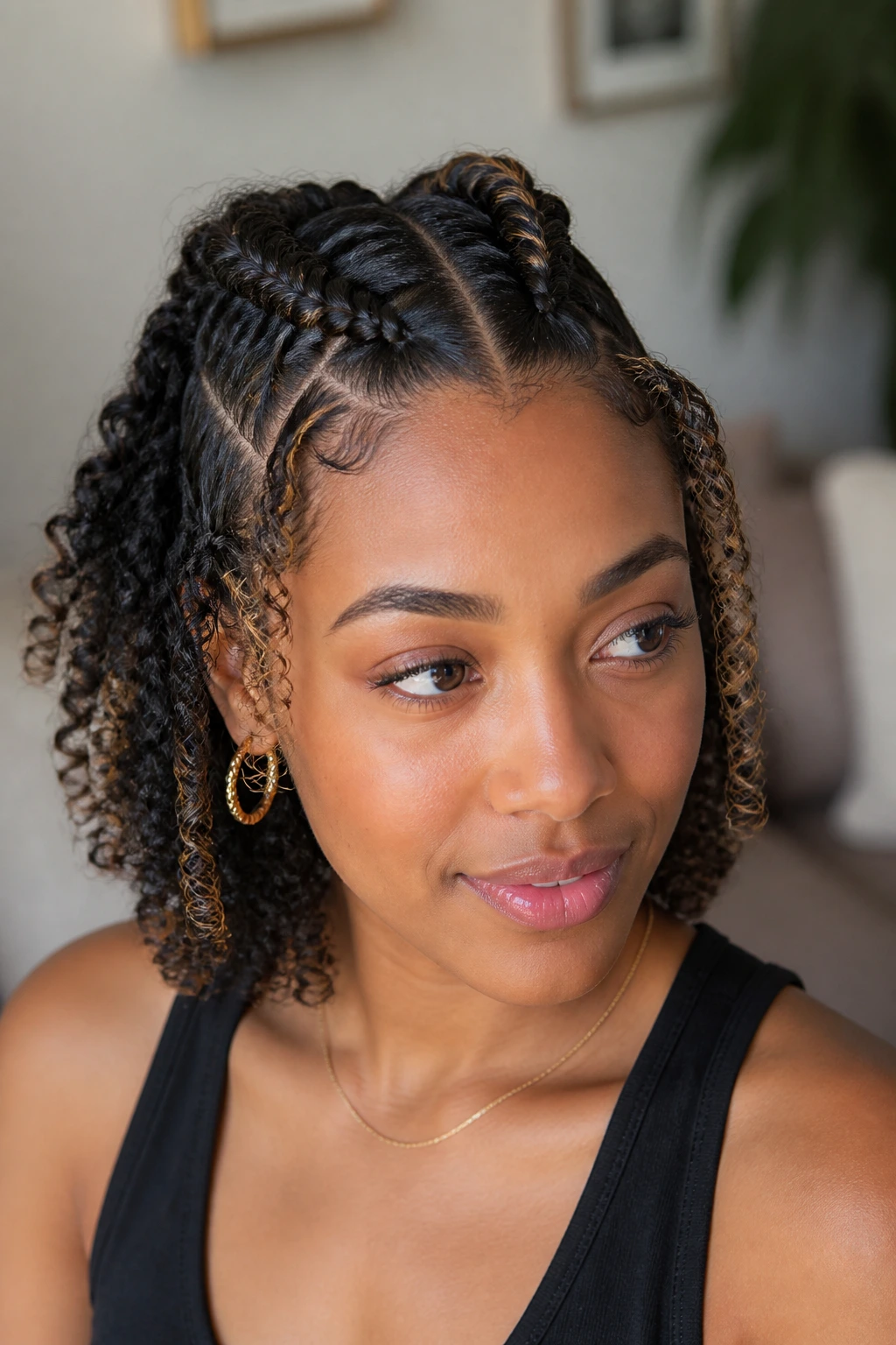 Close-up of a real person with half-up Dutch braids and loose back coils