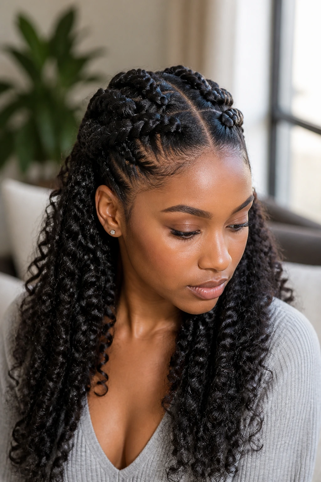 Real woman with half-up Dutch braids and loose curls in a cozy room