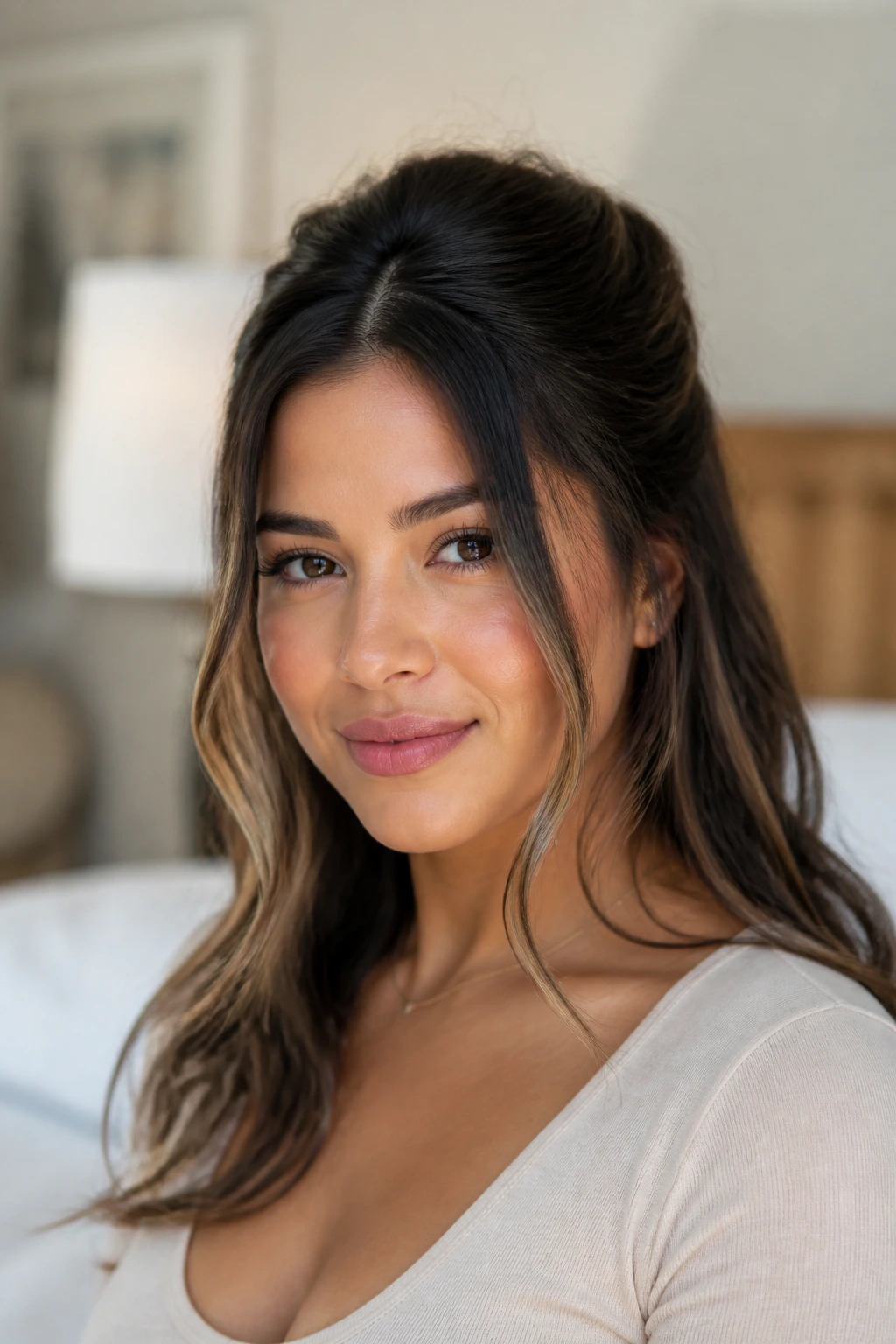 Portrait of a real woman with half-up hairstyle and loose face-framing pieces