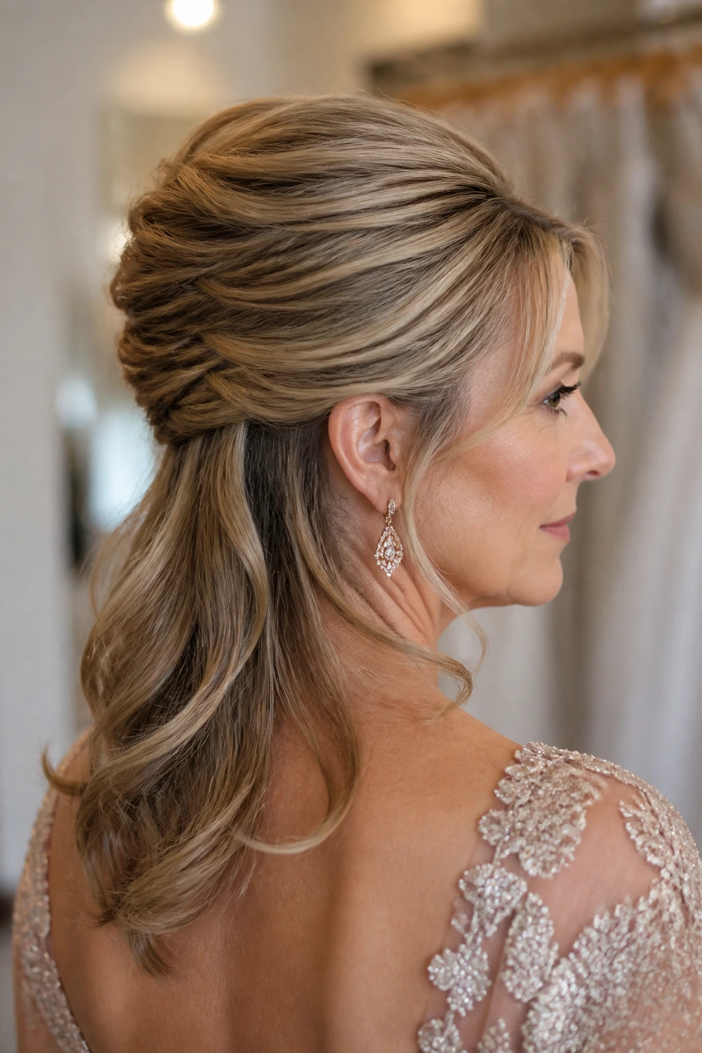 Close-up of a real woman with a Half-Up French Twist, crown twist and soft lower hair.