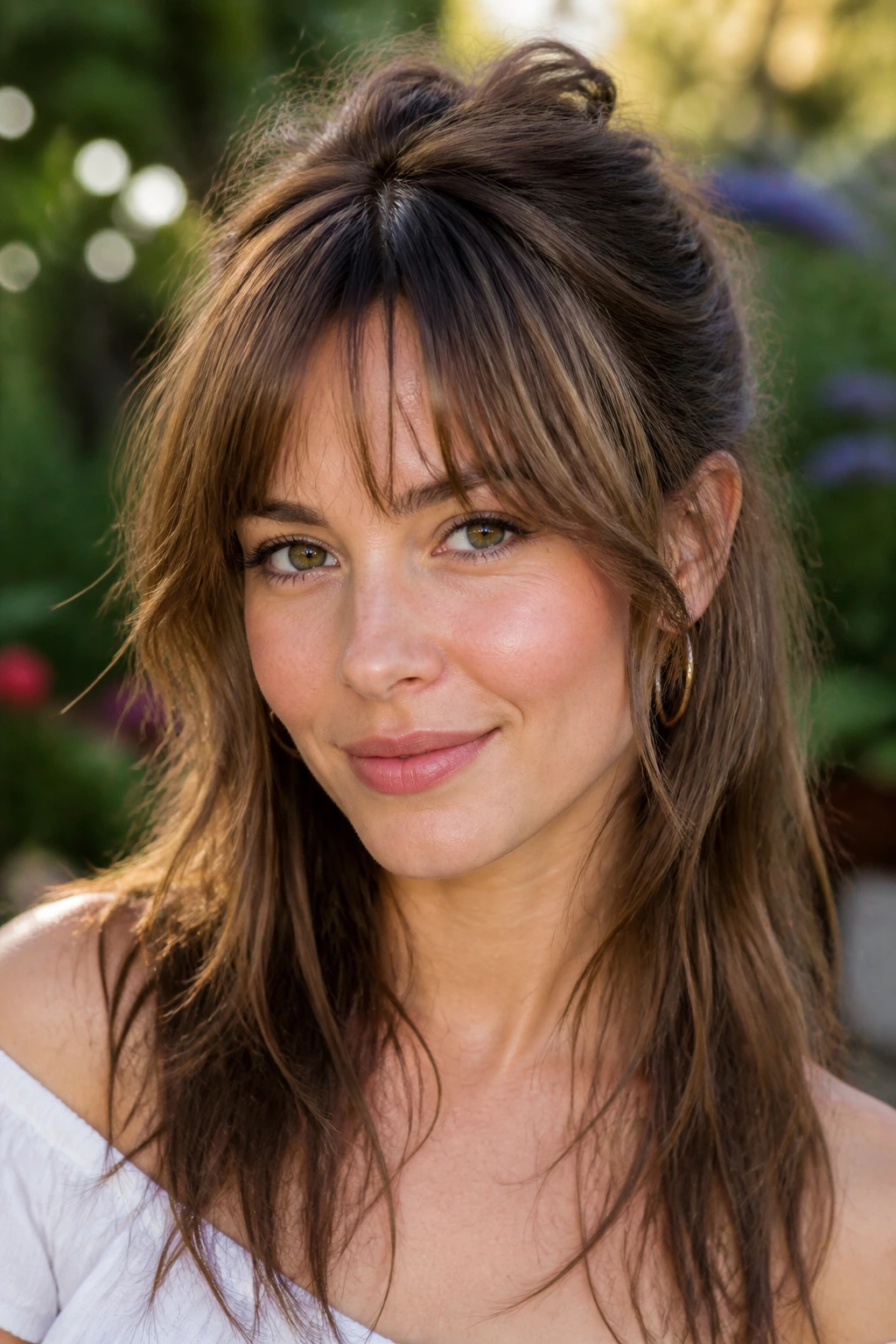 Close-up of a woman with half-up feathered fringe hairstyle