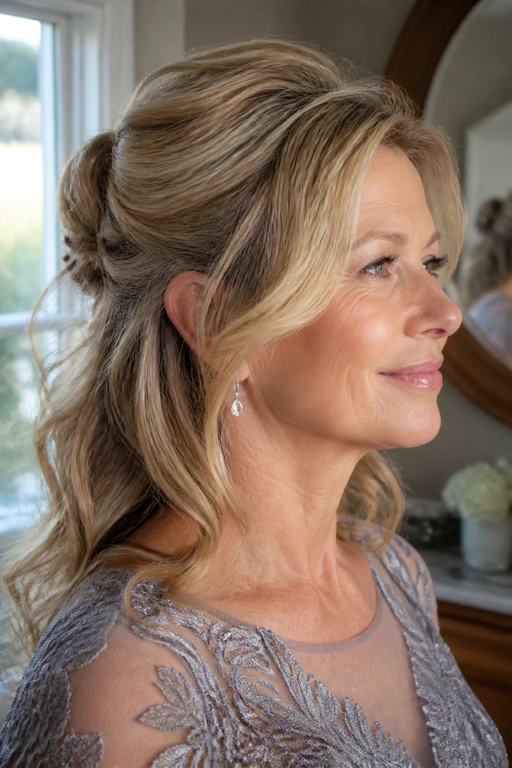 Close-up portrait of a real woman with a soft half-up bridal hairstyle in daylight