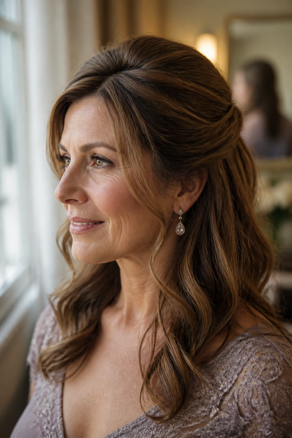 Close-up portrait of a woman wearing a modern half-up hairstyle with crown lift and face-framing strands.