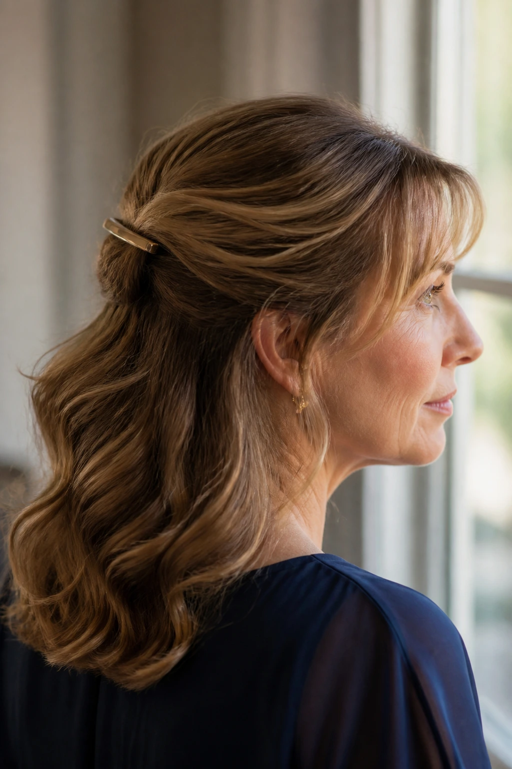 Close-up of a real woman with a minimalist half-up hairstyle secured by a metal clip