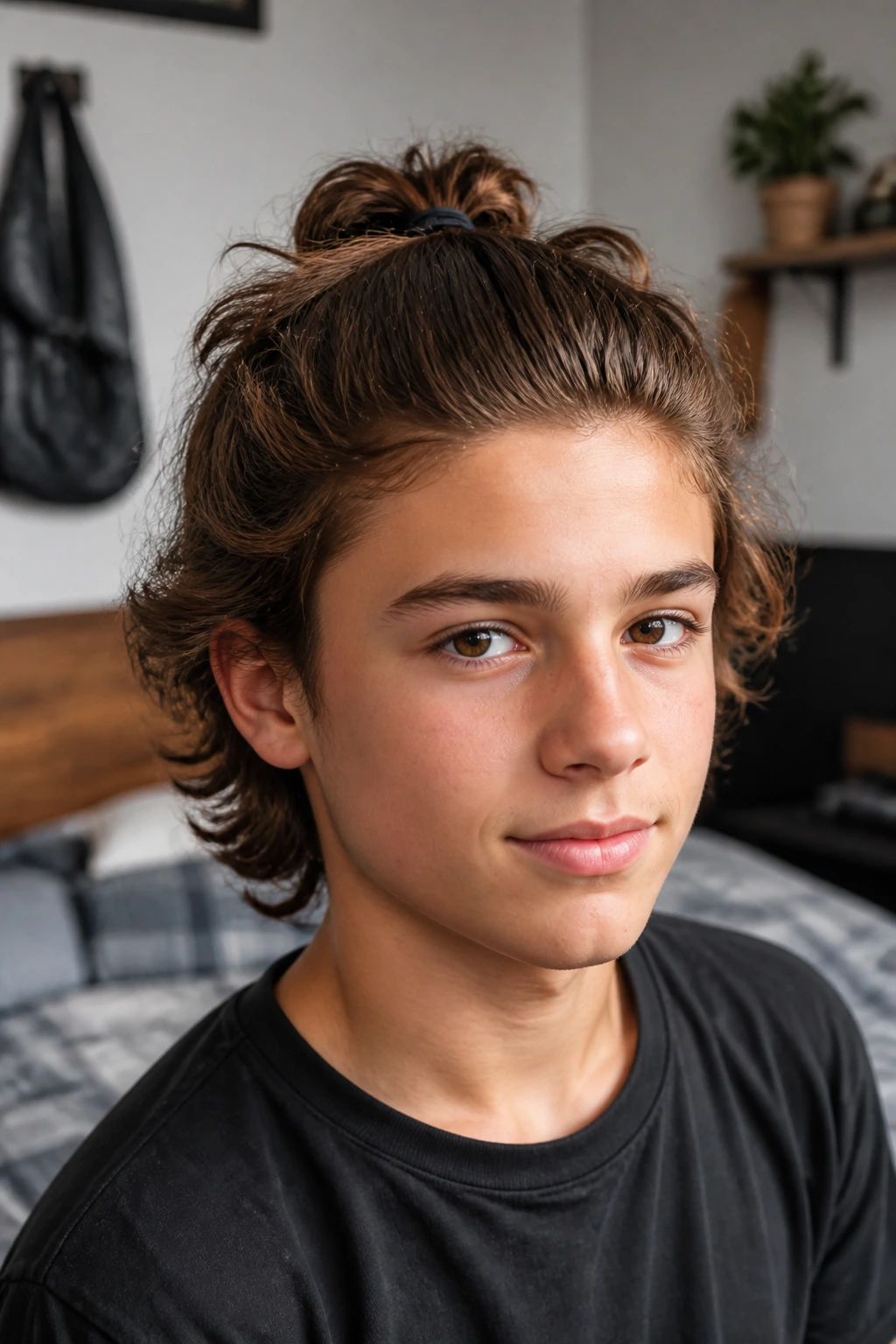 Boy with half-up hairstyle, top loosely tied back.