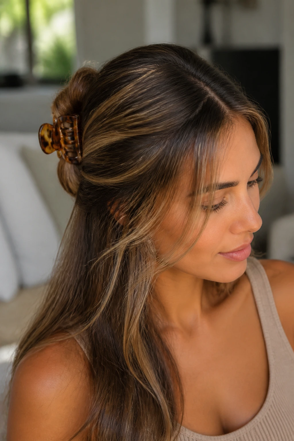 Close-up of a real woman with half-up claw clip twist and honey highlights.
