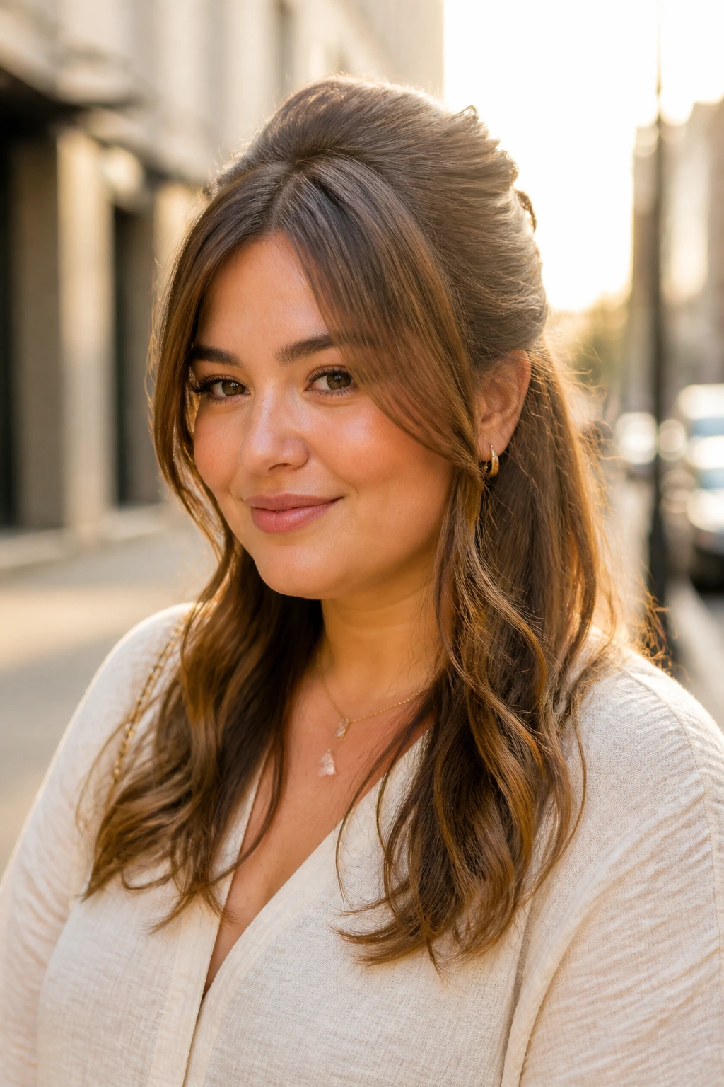 Portrait of a real woman with a half-up hairstyle and crown lift.