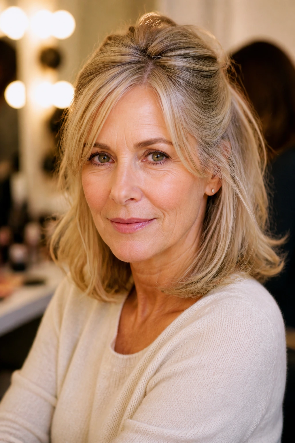Portrait of a 50+ woman with a tidy half-up hairstyle suitable for quick shoot touch-ups
