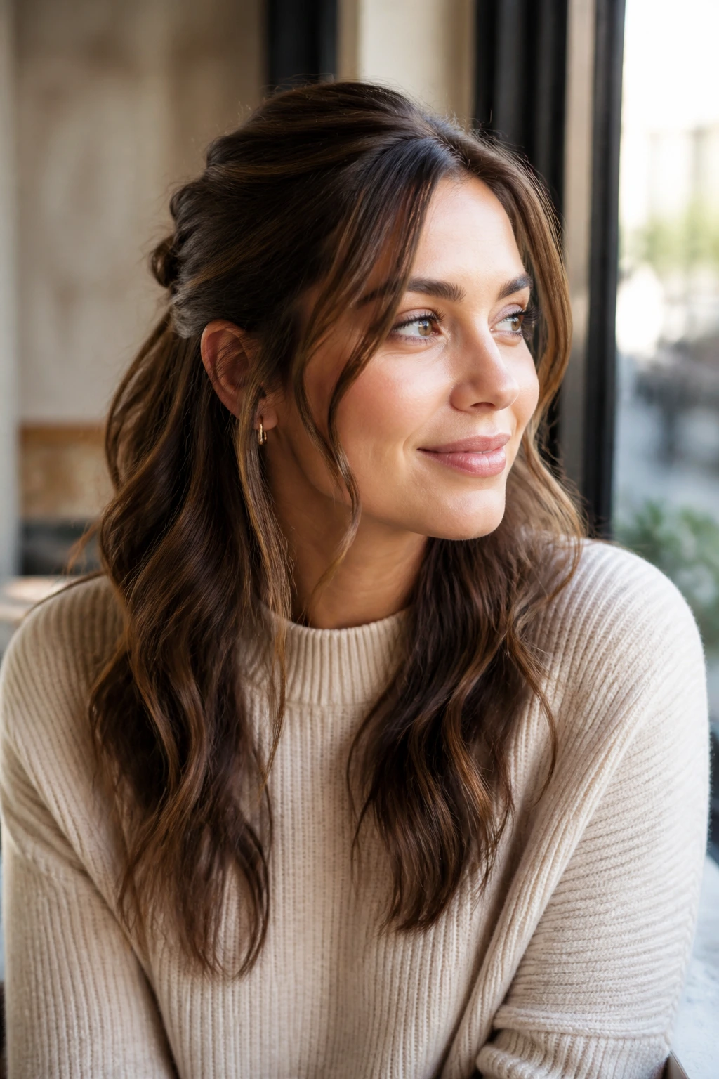 Portrait of a woman with a soft half-up hairstyle in a cafe setting