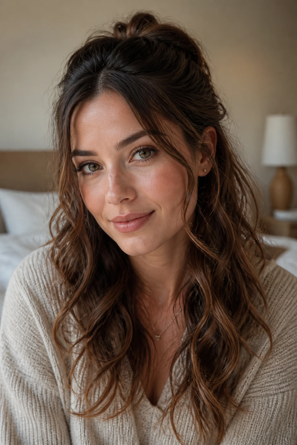 Close-up portrait of a real woman with a half-up hairstyle, face framed by pulled-back top section and loose waves.