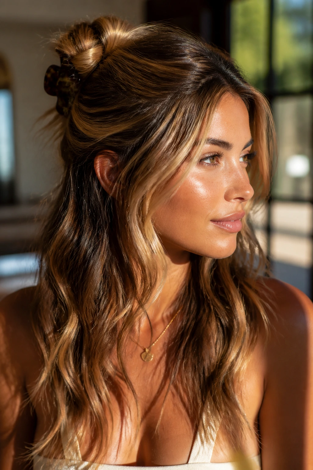 Close-up of a real woman wearing a half-up hairstyle with sunlit ribbons