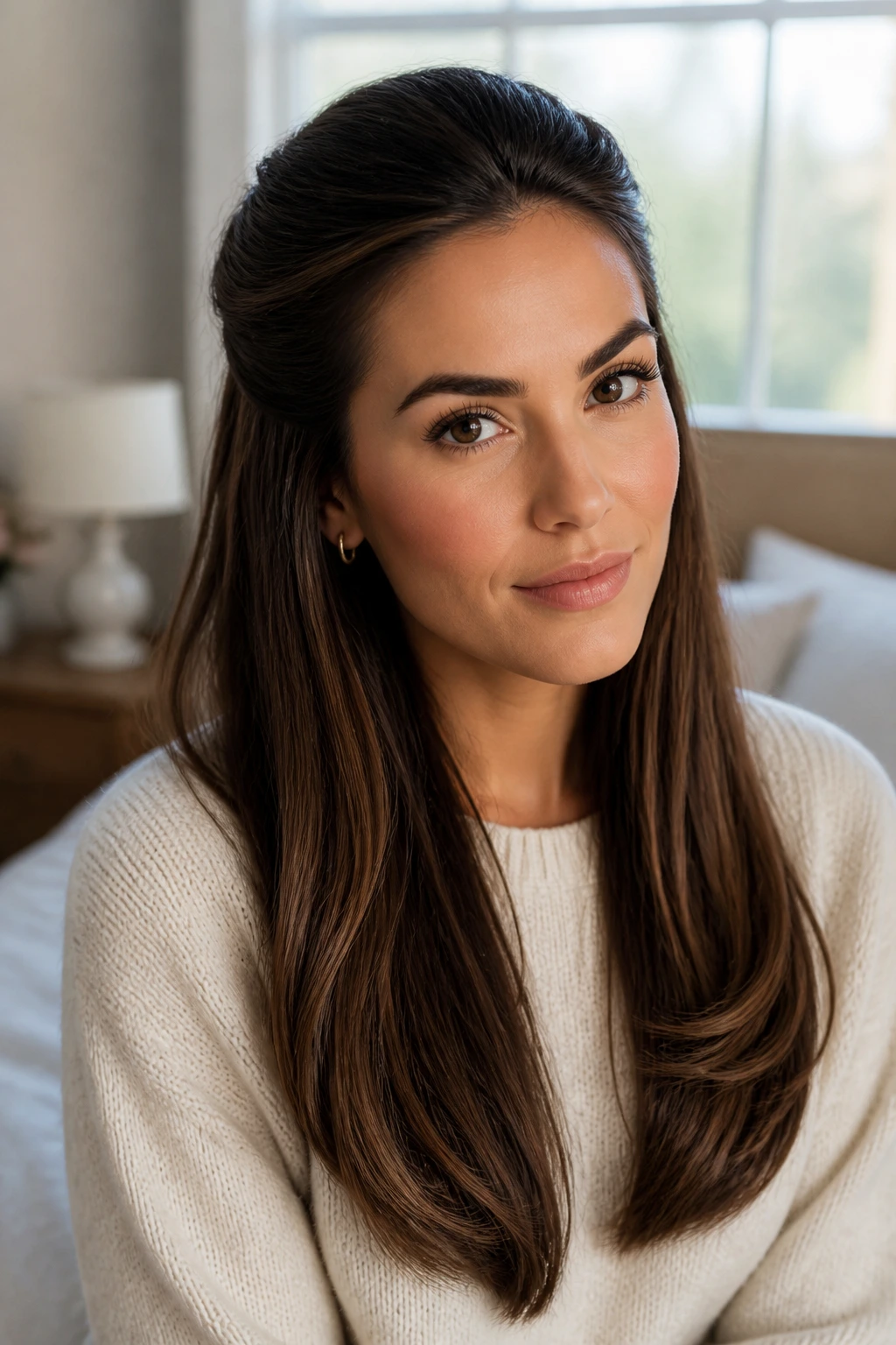 Close-up portrait of a real woman wearing a half-up, half-down hairstyle with polished ends, natural window light