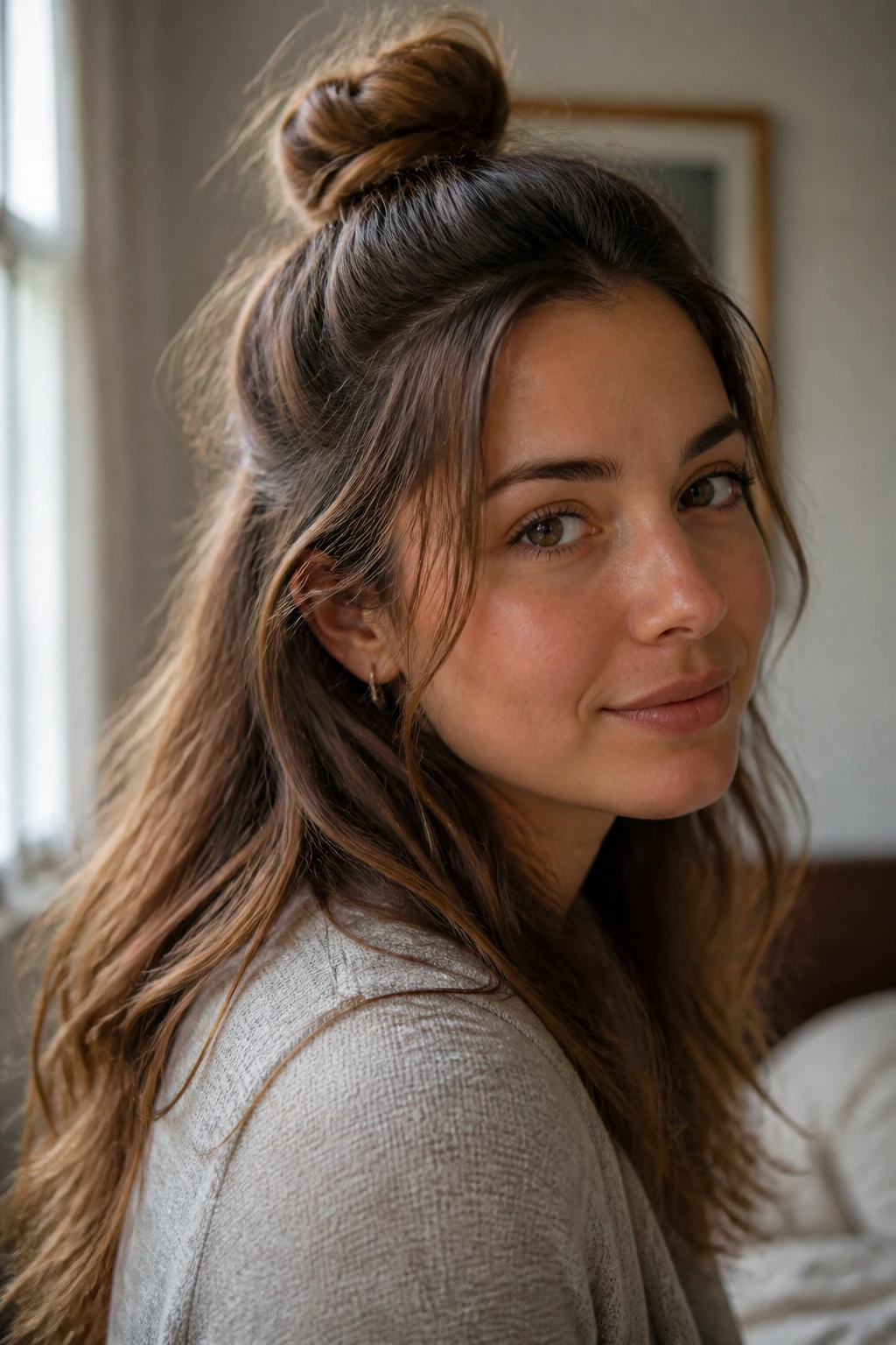 Close-up portrait of woman with half-up hairstyle hiding uneven layers
