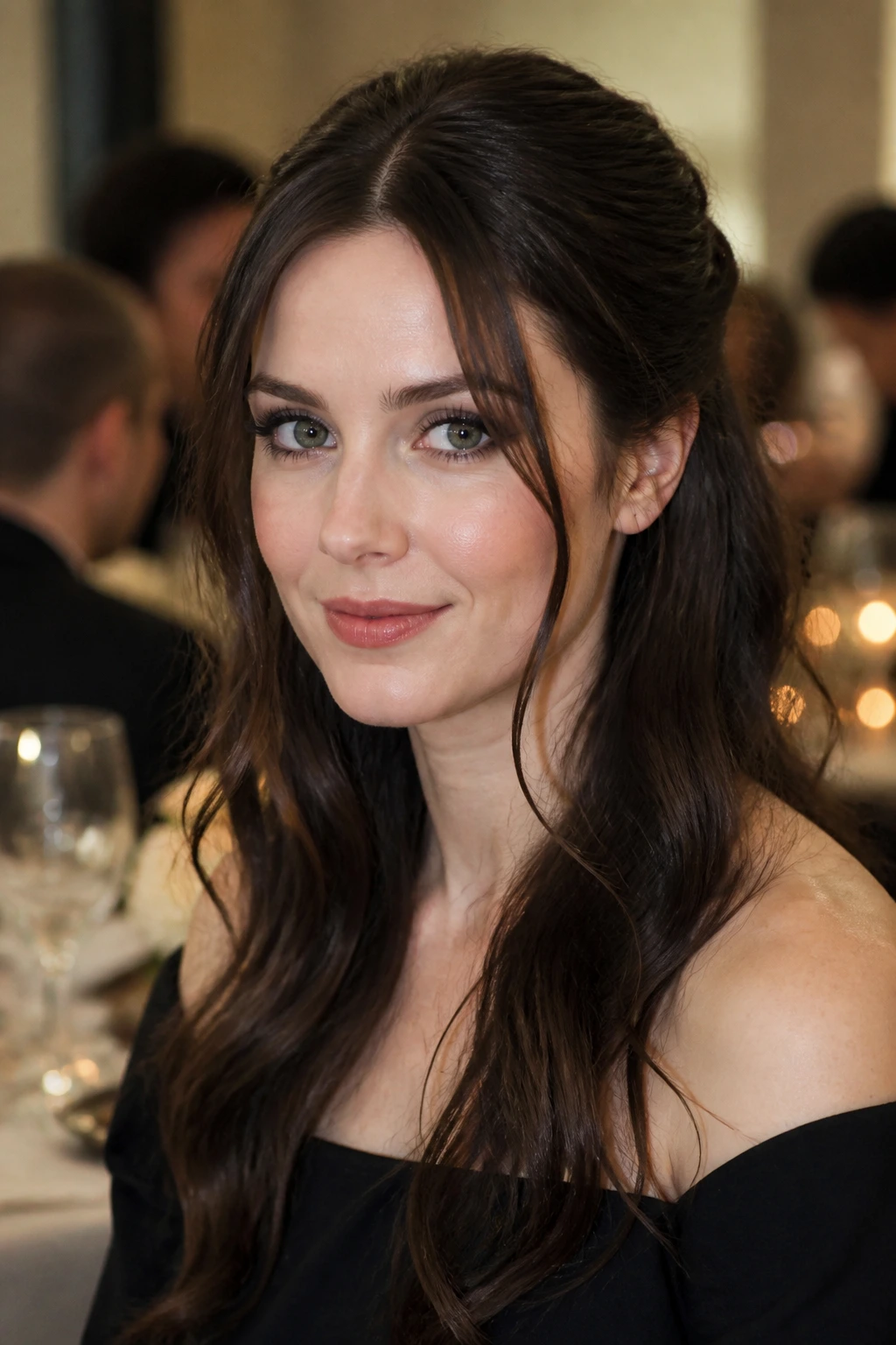 Portrait of a woman with half-up wavy style and face-framing pieces.
