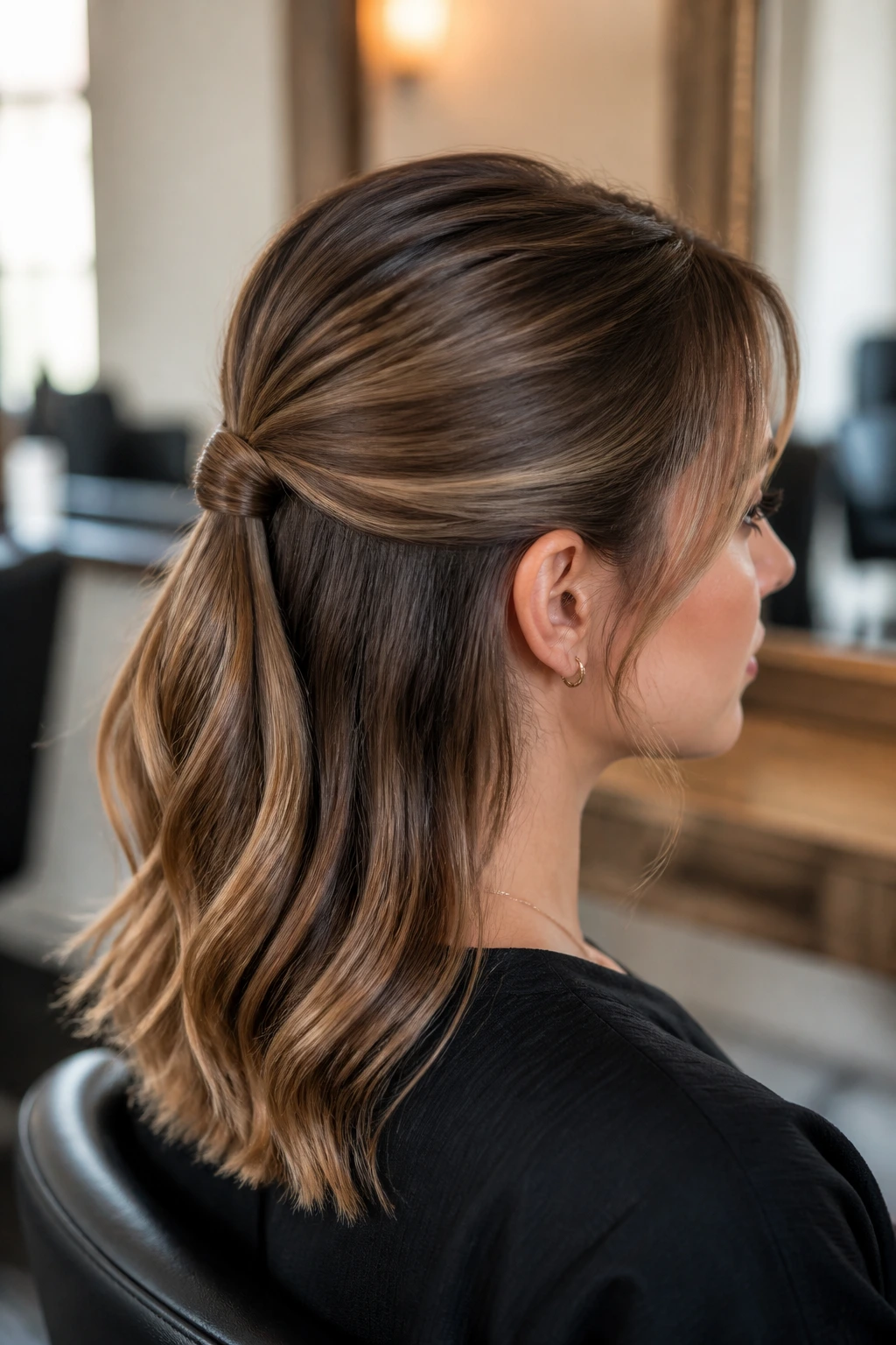 Close-up portrait of a woman with wrapped elastic half-up hairstyle and smooth top section