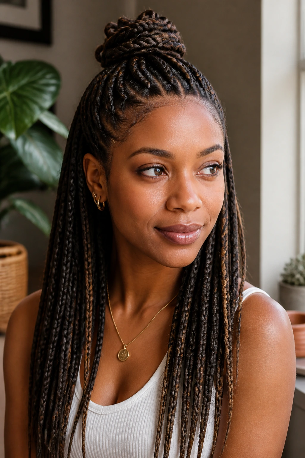 Real woman showing half-up, half-down braids with a soft top knot