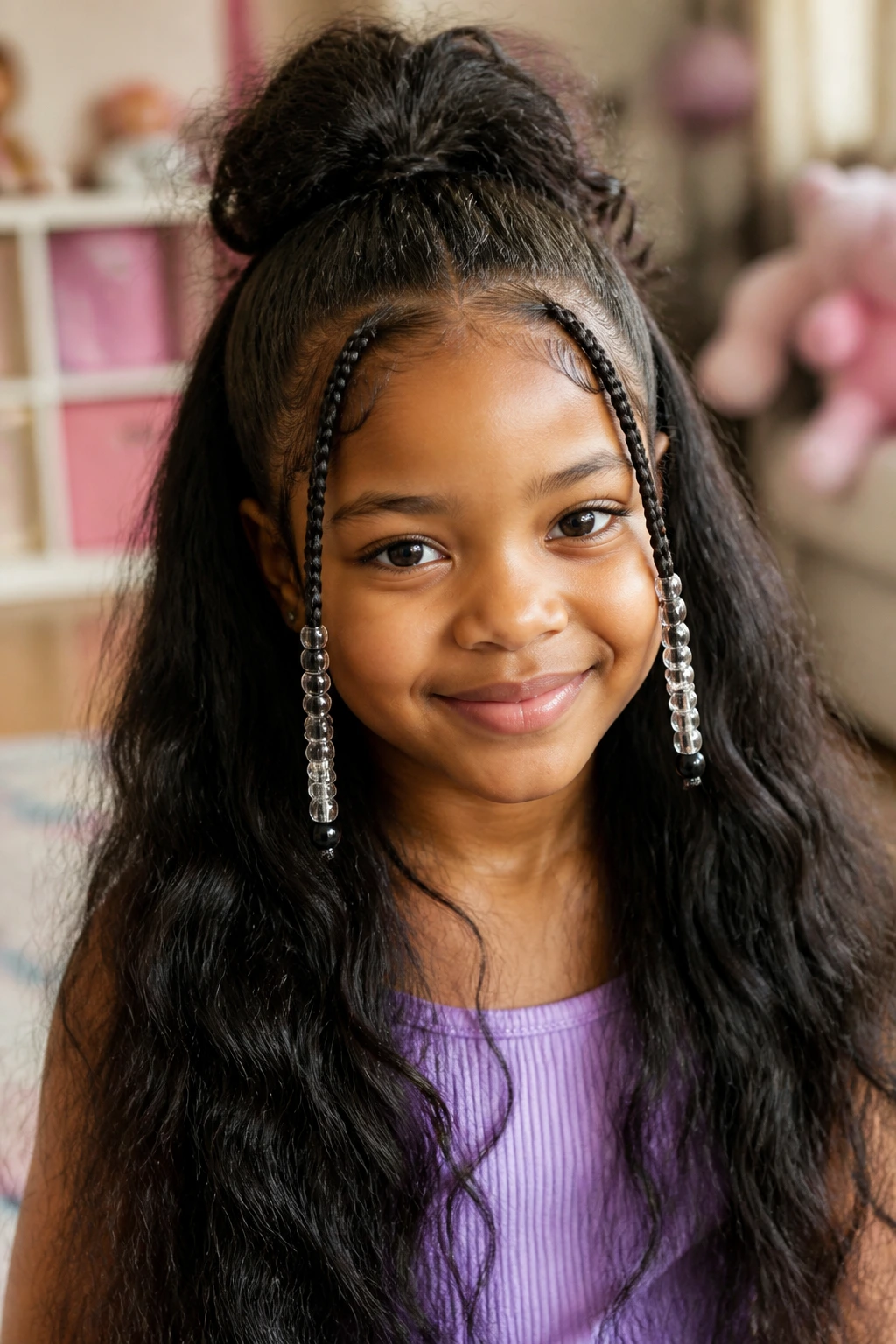 Child with half-up half-down hairstyle and beaded front pieces
