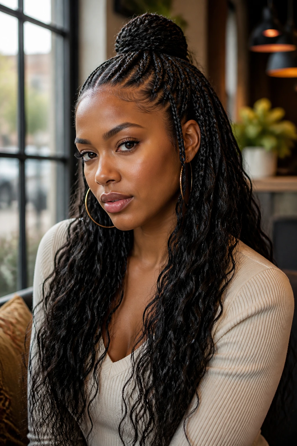 Close-up of a real woman with half-up, half-down braids in a cozy setting