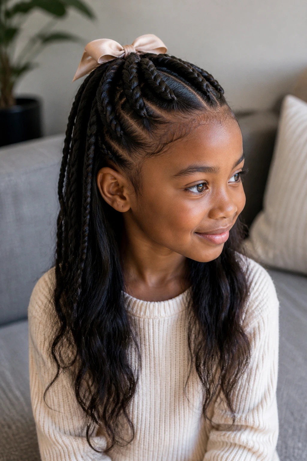 Medium close-up of a girl with half-up half-down braids and a small satin bow.