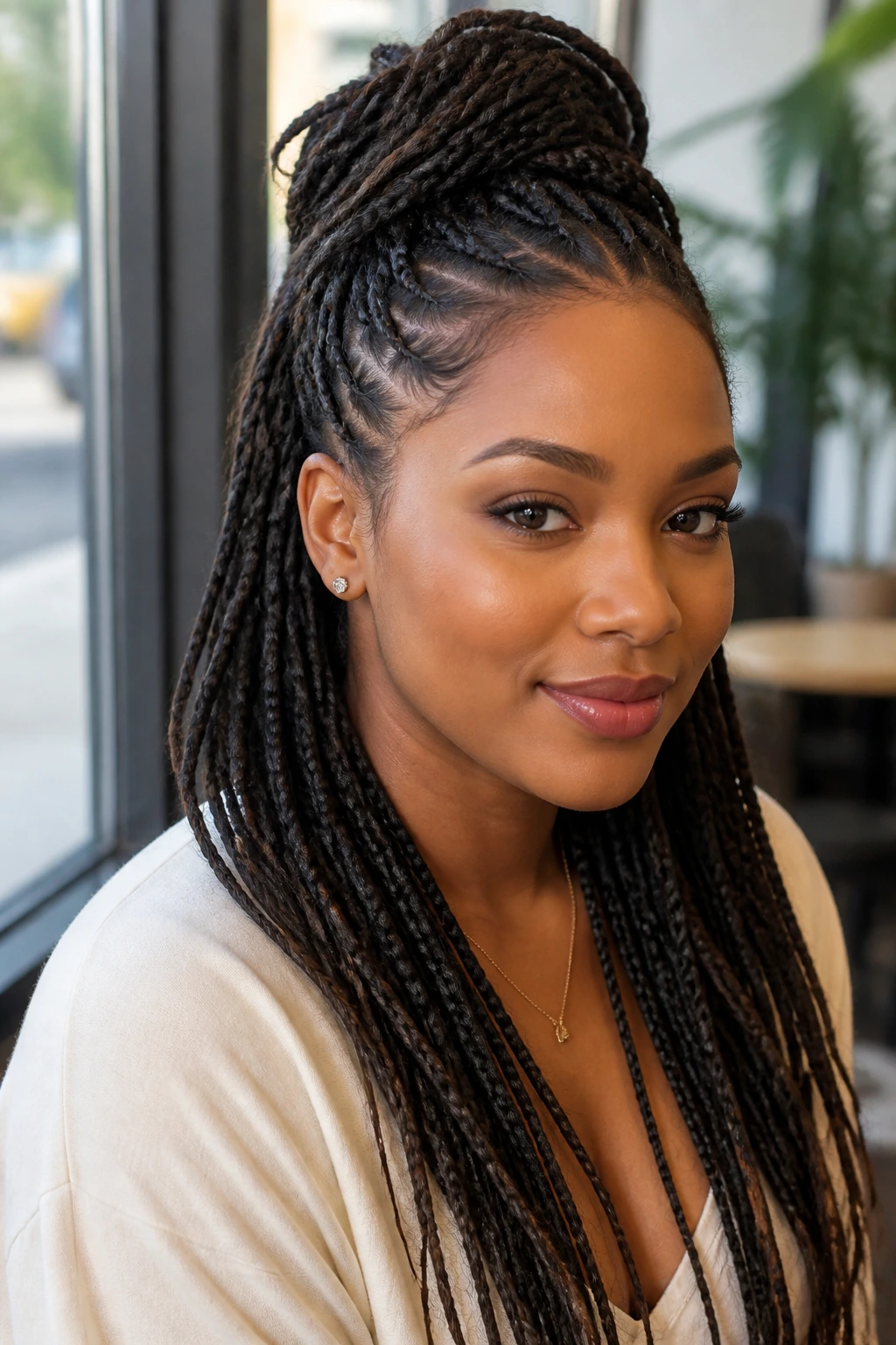 Close-up portrait of half-up half-down braids with lifted crown on a real person