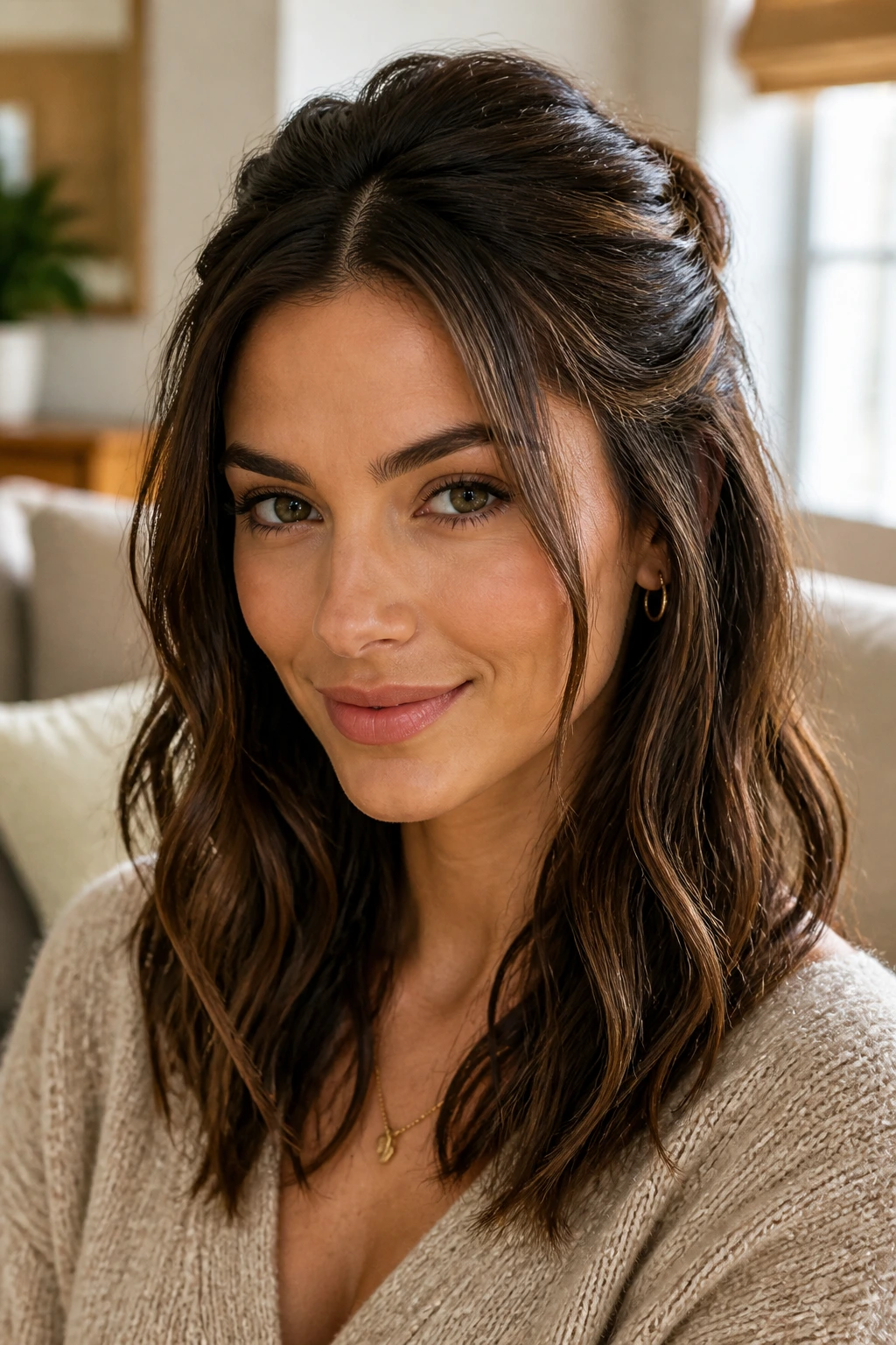 Close-up of a real woman wearing half-up half-down with crown lift on brunette hair.