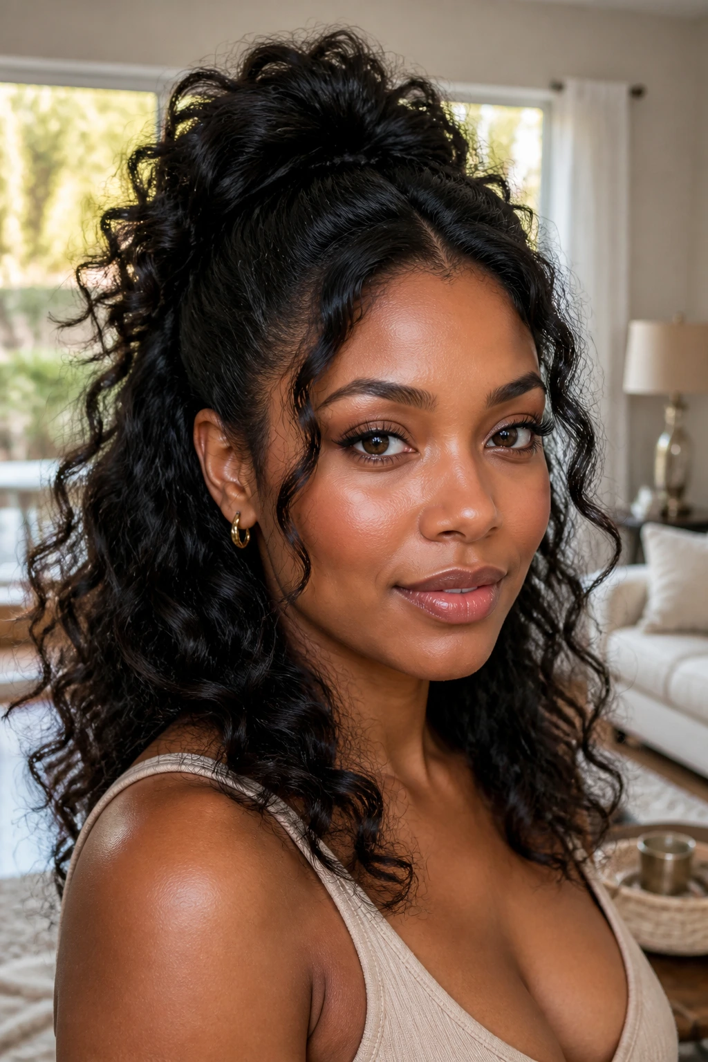 Real woman with half-up half-down curls and crown volume
