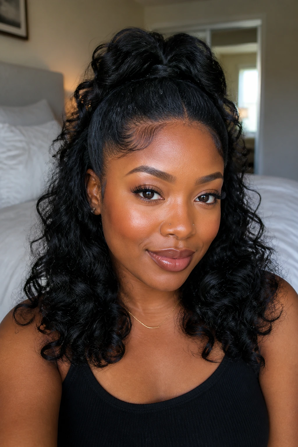 Close-up of a real Black woman with half-up half-down curls