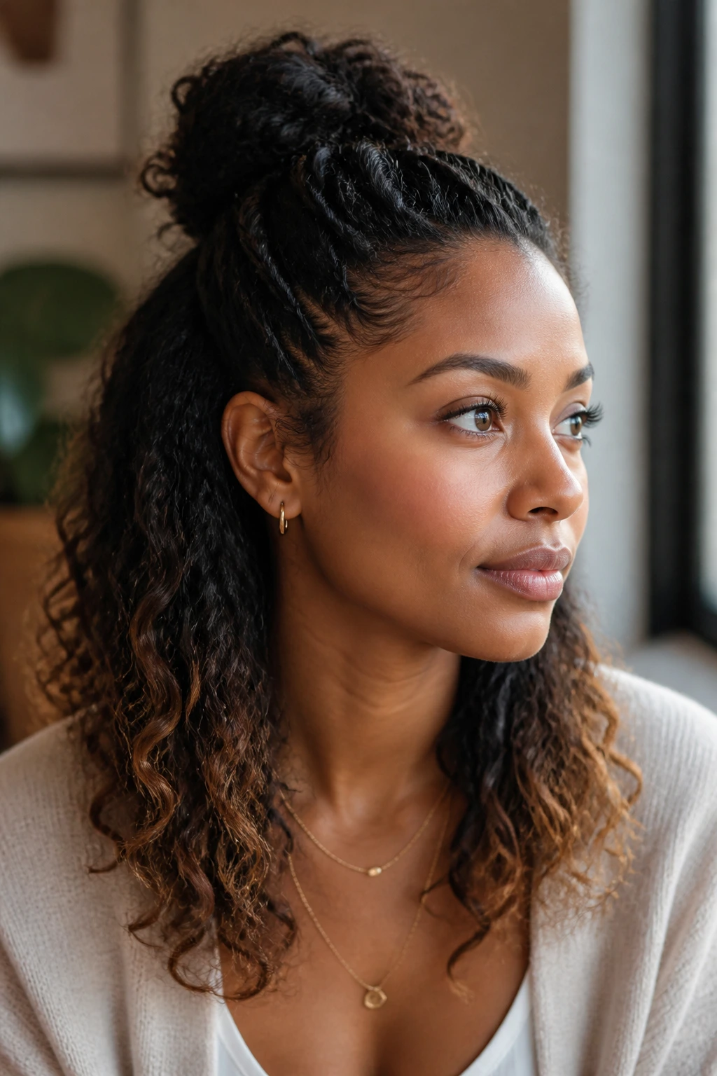Real woman in half-up half-down hairstyle with soft highlighted ends