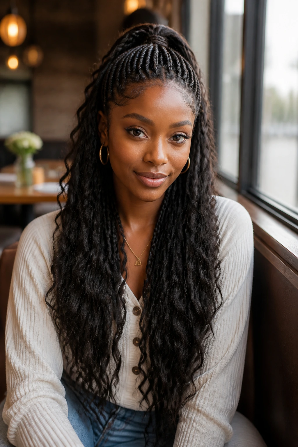 Portrait of a real woman with half-up half-down long braids