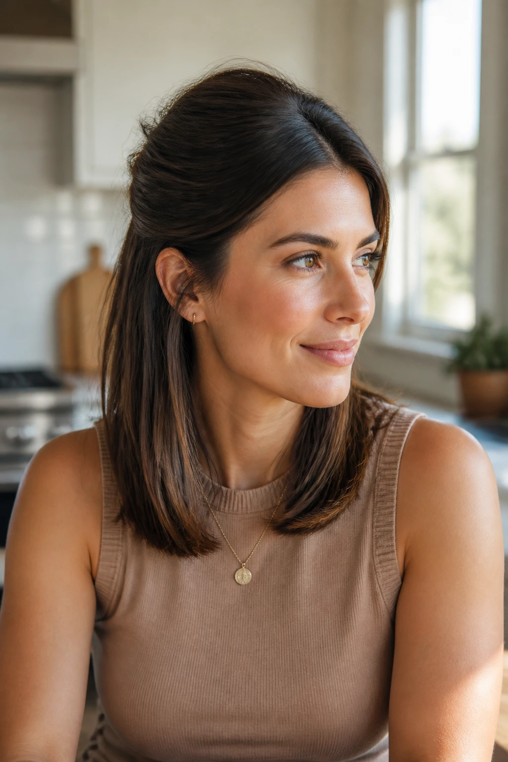 Real woman with half-up half-down hairstyle and polished ends