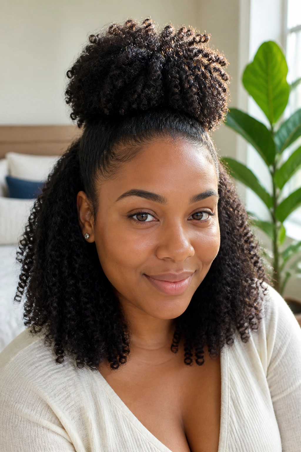 Close-up of a woman with a high half-up puff and long curly hair
