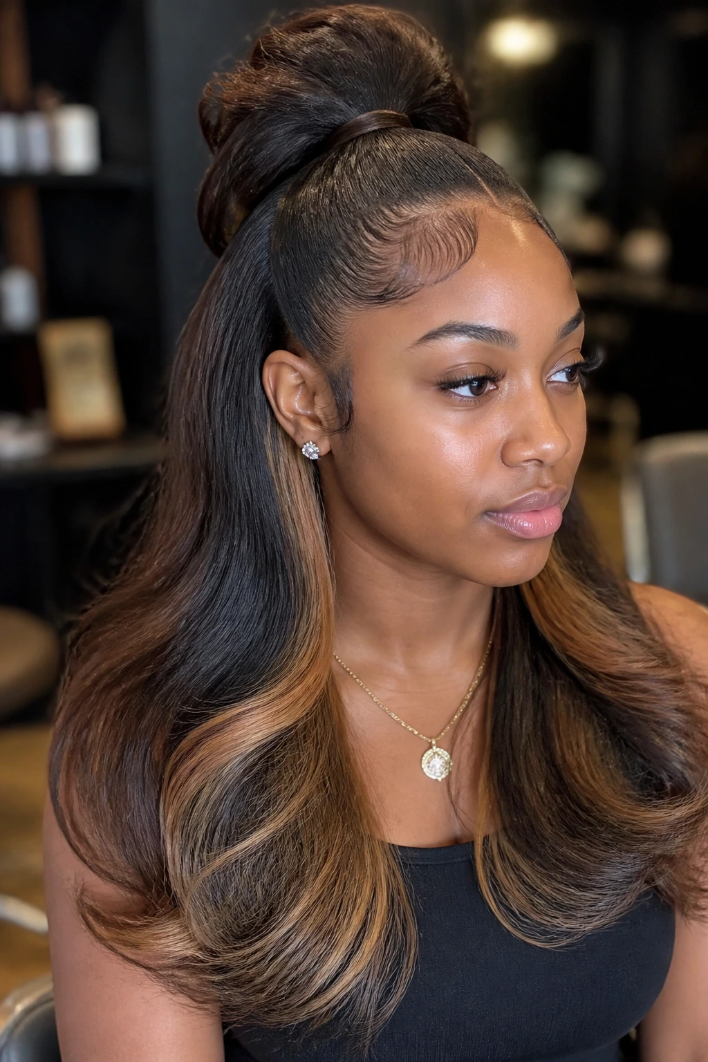 Three-quarter portrait of a real woman with half-up half-down sew-in showing peekaboo caramel layers.