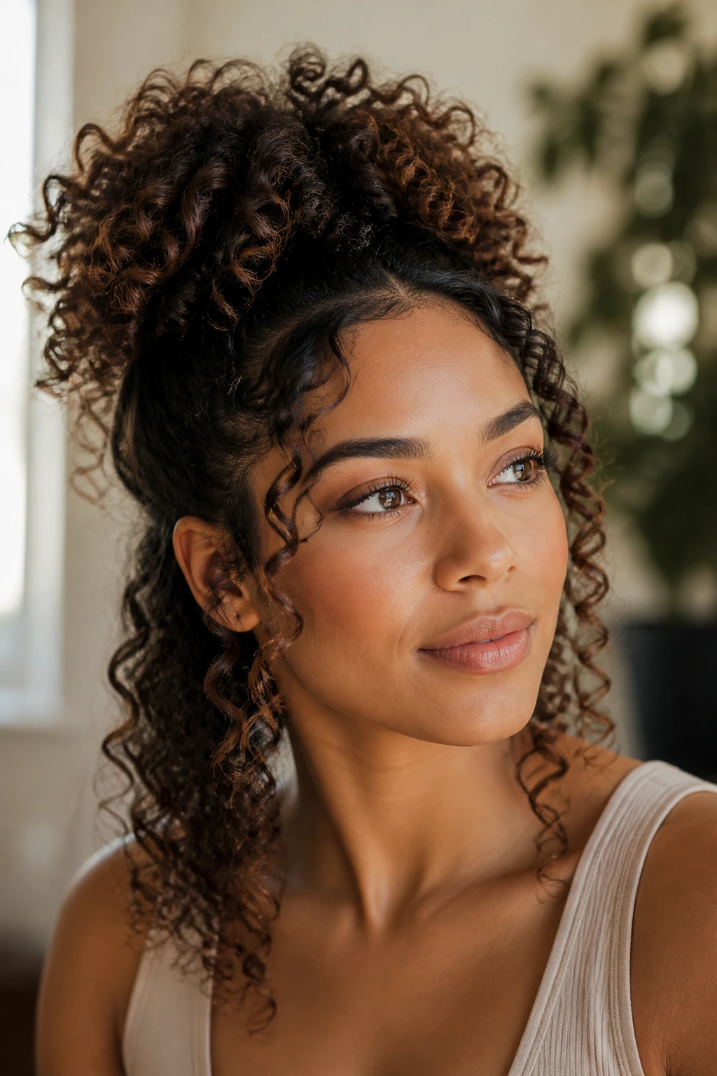 Real woman wearing half-up halo curls framing face