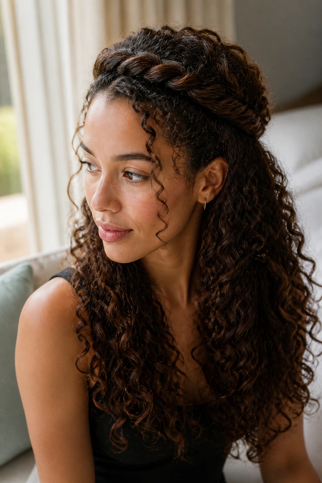 Portrait of a real woman with a half-up halo twist, curls framing her face.